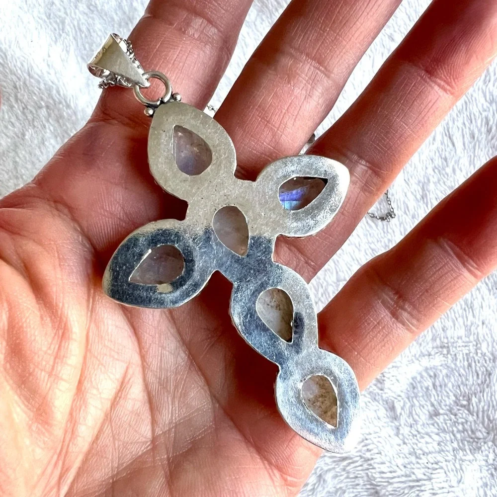 925 HUGE! Rainbow Moonstone CROSS Necklace Pendant - Picture 4 of 5